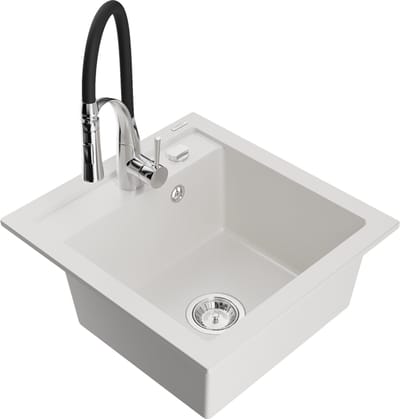 Mexen Vito granieten gootsteen 1-komors met keukenmengkraan Aster, wit - 6503-20-73450-07