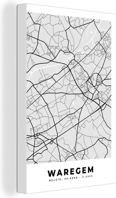 Canvas Schilderij België – Waregem – Stadskaart – Kaart – Zwart Wit – Plattegrond - 20x30 cm - Wanddecoratie
