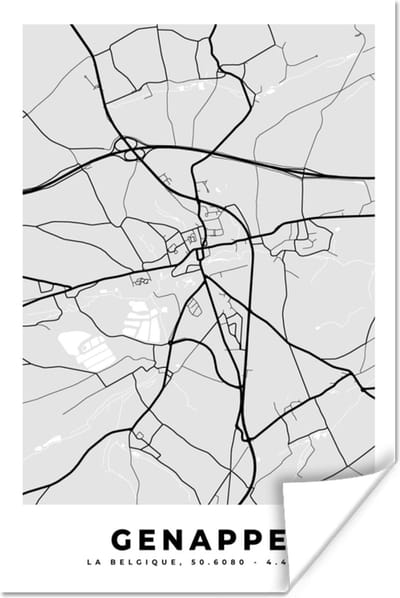 Poster Stadskaart – Plattegrond – België – Zwart Wit – Genappe – Kaart - 120x180 cm XXL