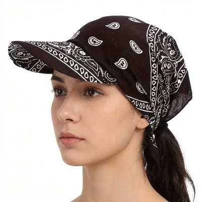 Zwarte bandana met klep – unisex bandana cap met paisley print – zonbeschermende bandana hoed met verstelbare knoopsluiting