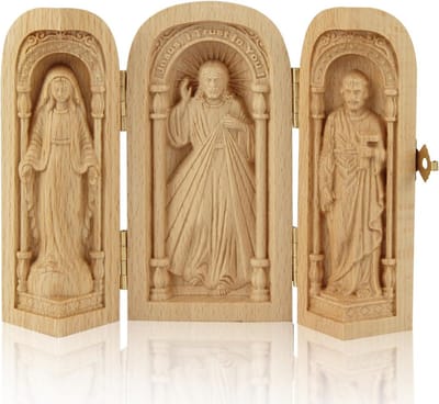 Reis altaar - Draagbaar religieus - Spirituele momenten - Drieluik ontwerp - 10.5 cm hoog - Houtkleurig