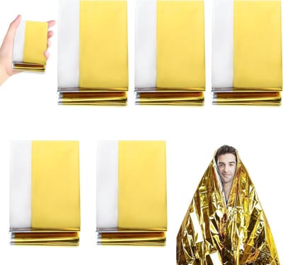 Set van 5, Gouden/Zilveren, 210 x 160 cm, Extra Sterke Nooddeken voor Eerste Hulp, Wandelen en Kamperen, Weerbestendig en Lichtgewicht