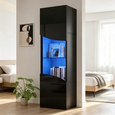 Vitrinekast - 35x50x165 cm - Hoogglans met LED Verlichting en Grote Opbergruimte - Hout - Zwart
