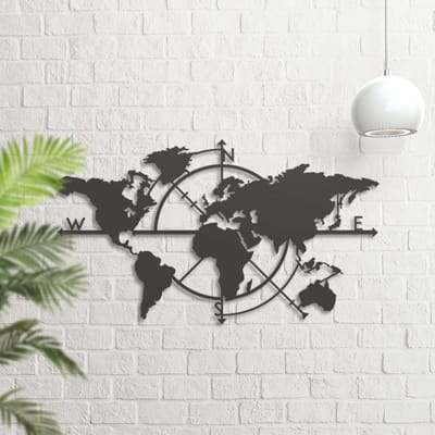 Wereldkaart Metaal - Wanddecoratie Wereld - Woonkamer Decoreren - Handgemaakt Robuust Staal - 116 x 75 cm - Zwart Mat