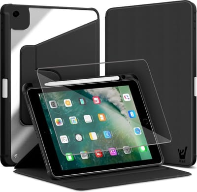 Hoes met Screenprotector geschikt voor iPad 9.7 inch 2018-2017 / iPad Air 1 & Air 2 - Book Case Premium Sleep Cover Kunstleer 360 Graden Draaibaar met Auto/Wake Functie en Pencilhouder - Zwart