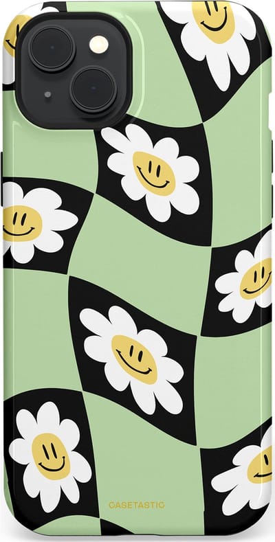 Casetastic hoesje geschikt voor Apple iPhone 15 Plus - MagSafe - Dubbellaagse bescherming - Golvende madeliefjes - Fashion Case - Mintgroen Zwart Wit Beige