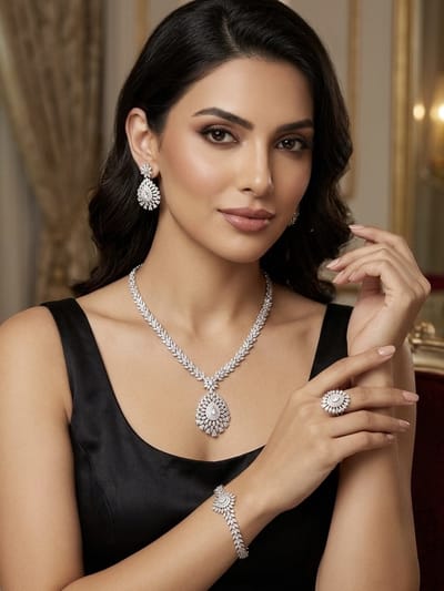 Dames Sieradencollectie Ketting Oorbellen Armband Ring – Elegant Luxe Zirkonia Set – Druppelvormig Glanzend Design