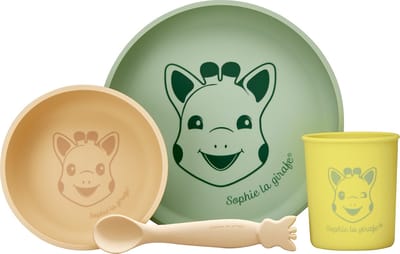 Sophie de giraf Maaltijdset - Kinder servies - Kinderbord - Drinkbeker - Kinder bestek - Siliconen - In witte geschenkdoos - Vanaf 6 maanden - 4-Delig