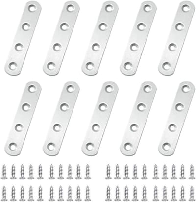 Set van 10 platte hoekbeugels 80 x 16 mm, roestvrijstalen houtverbindingen met 4 gaten, inclusief 40 schroeven voor meubels