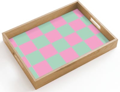 Dienblad hout 40x30 cm - Schootdienblad - Schaakbord patroon - Groen - Roze - Blokjes - Borrelplank rechthoek - Plateau dienbladen