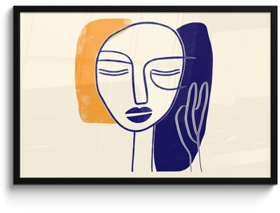 Poster in lijst - Fotolijst 90x60 cm - Posters - Minimalistisch - Gezicht - Hand - Oranje - Blauw - Posterlijst zwart - Decoratie - Wanddecoratie woonkamer - Muurdecoratie slaapkamer