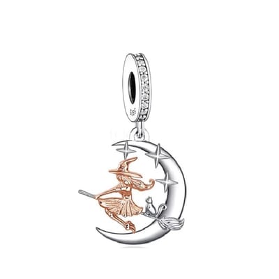 Heks op Bezem Bedel – Maan – RomyStones – 925 Sterling Zilver - Voor je bedelarmband