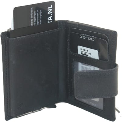 OI LUXE lederen zwarte complete portemonnee met figuretta Cardprotector / compacte leren beurs met metalen pasjeshouder afsluitbaar / anti skim kastje in portemonnee / glad zwart leer / 106Black CRUNCH