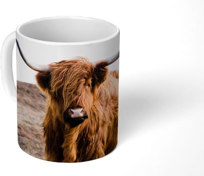 Mok - Koffiemok - Schotse hooglander - Landschap - Koe - Bruin - Dieren - Natuur - Mokken - 350 ML - Beker - Koffiemokken - Theemok