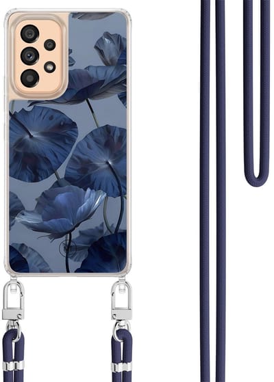 Hoesje met koord geschikt voor Samsung Galaxy A52 5G - Dusky blooms - Inclusief Donkerblauw koord - Crossbody beschermhoes - Transparant, Paars - Mooie Telefoonhoesjes
