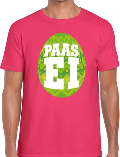 Roze Paas t-shirt met groen paasei - Pasen shirt voor heren - Pasen kleding S