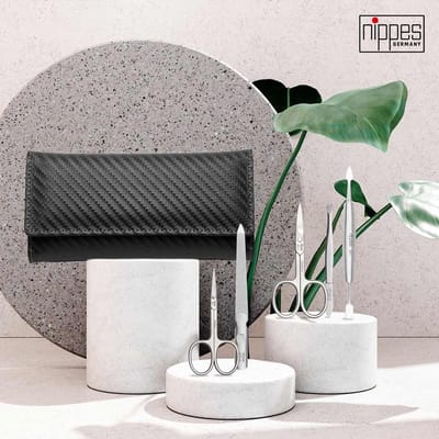 Nippes Solingen Manicure set 5-delig - RVS – KARBON - Etui Zwart Leer - Handgemaakt - 25 Jaar Garantie