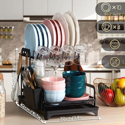 Zwarte 2 Tier Afdruiprek met Lekbak voor de Gootsteen - Dish Drying Rack Dish Drainer