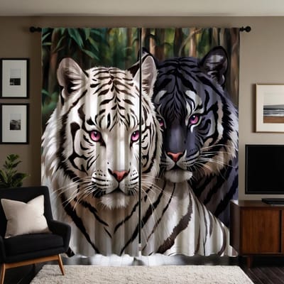 2 stuks HD witte Siberische tijger decoratief gordijn Wit lint digitaal bedrukt gordijn huisdecoratie stijl decoratie woonkamer W52H63inchW132H160cm black