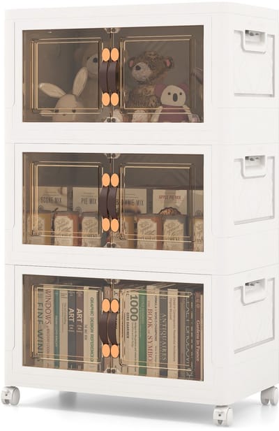 COSTWAY Opvouwbare opbergdoos met deksel, 105 l opbergdozen, set van 3 kunststof dozen, stapelbaar, opbergdozen met wielen en deuren, stapelboxen kunststof, 49,5 x 31,5 x 86 cm, wit