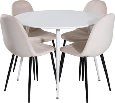 PlazaWHWH100 eethoek eetkamertafel wit en 4 Polar eetkamerstal velours beige.