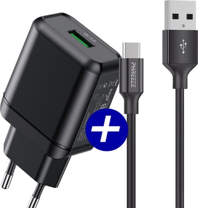 Snellader met Gevlochten usb-C Kabel 1 Meter - 18w Quick Charge 3.0 Adapter + Nylon Gevlochten usb-C Snoer