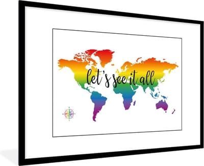 Poster in lijst - Fotolijst 120x80 cm - Posters - Wereldkaart - Regenboog - Kompas - Posterlijst zwart - Decoratie - Wanddecoratie woonkamer - Muurdecoratie slaapkamer
