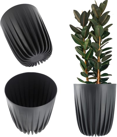 KADAX Bloempot van kunststof met natuurlijke materialen, moderne plantenpotten, plantenpot met geometrisch patroon, ronde bloempot met inzetstuk, natuurlijke bloempot, hoge bloempot (diameter 14,5 cm,