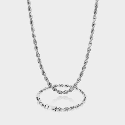 Rope Ketting 7 mm x Rope Armband 5 mm - Zilveren Schakelketting en Schakelarmband Heren - 60/21 cm lang - Olympus Jewelry