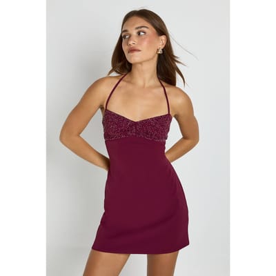 boohoo Dames Glitter Detail Mini Slip Jurk | Plum | Maat: 14