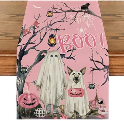 Halloween Tafelloper 183 x 33 cm , Ghost Pink Tafelloper , Halloween Tafeldecoraties , Linnen voor Keuken Eetkamer Thuis Seizoensgebonden Vakantie Party Decor