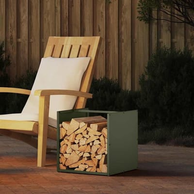Gecheer 864240 Brandhoutrek olijfgroen, 40 x 40 x 40 cm, koudgewalst staal, haardhoutrek voor binnen en buiten, kampvuur, camping, reizen