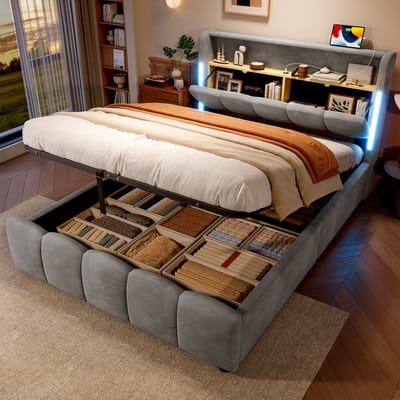 MODFU Opbergbed 140x200 cm – Grijs fluweel – LED-verlichting – Hoofdbord met opbergvak – Hydraulisch – USB & Type-C