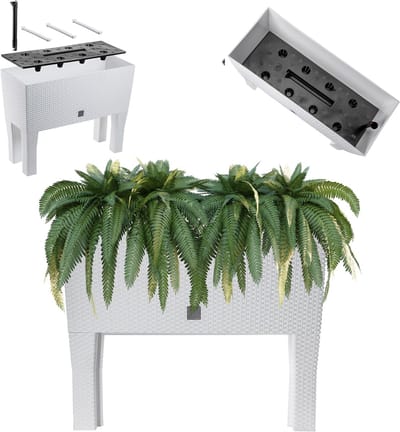 KADAX Bloempot op poten, verhoogd bloembed van kunststof in 2 maten, plantenbak in rotanmotief, bloembak voor tuin, balkon, terras, plantenbak, kruidenbed, 80 cm, wit