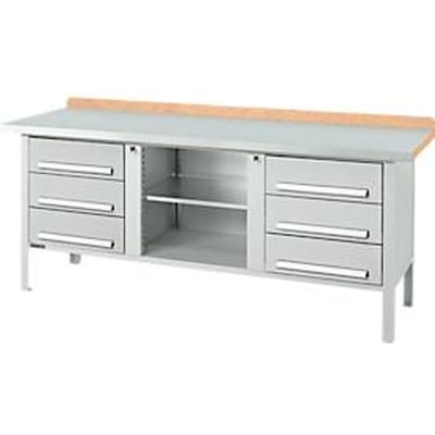 Box-type werkbank Schäfer Shop Select PW 200-2, beuken multiplex blad, met stalen afdekking, tot 750 kg, B 2000 x D 700 x H 840 mm, lichtgrijs