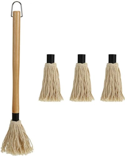 Barbecue-kwast - BBQ-borstel - basting mop - lang houten handvat - professionele saus - marinade - grillborstel - katoenen kop - keukenborstel - bakborstel met houten handvat en 3 extra reservekoppen