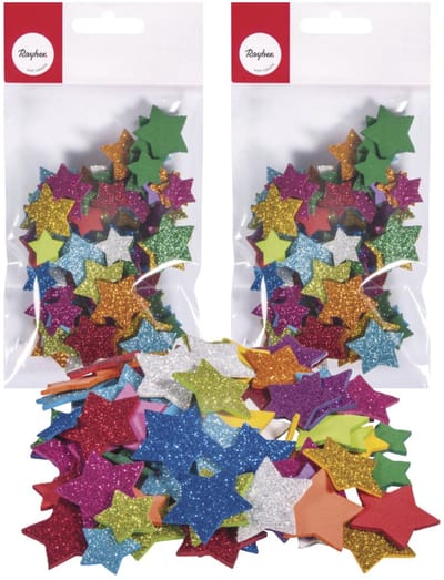 Rayher hobby/knutsel sterren met glitters - 100x - zelfklevend - multi kleuren - foam/rubber - stickers