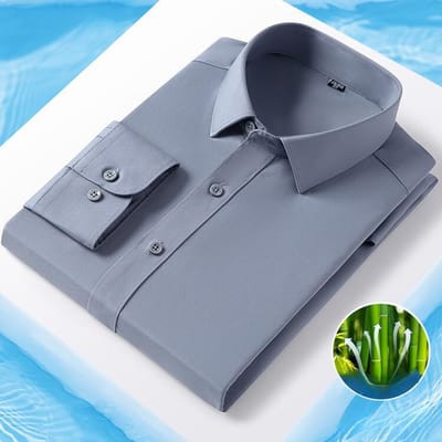 Lente en Herfst Effen Kleur Platte Bamboevezel Lange Mouw Heren Naadloos Business Casual Dun Shirt 6XL
