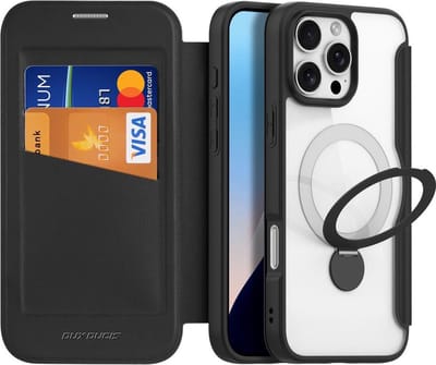 Dux Ducis - Telefoon Hoesje geschikt voor Apple iPhone 16 Pro - Hoesje geschikt voor Magsafe magneet - Uitklapbare 360° ring standaard - Skin X Pro - Book Case - Zwart
