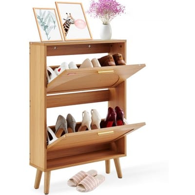 VEVOR smalle schoenenkast, schoenenrek houtkleur, 600 x 168 x 877 mm schoenenkantelaar met 2 kleppen + opbergvak bovenaan, schoenenkist 36,28 kg draagvermogen, massief houten schoenenopbergkast voor in de gang