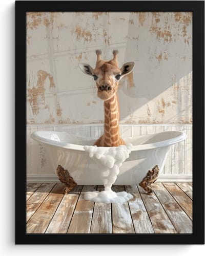 Poster in lijst - Fotolijst 30x40 cm - Posters - Giraf - Badkuip - Vintage - Dieren - Posterlijst zwart - Wanddecoratie badkamer - Muurdecoratie WC - Decoratieve accessoires - Toilet muur decoratie