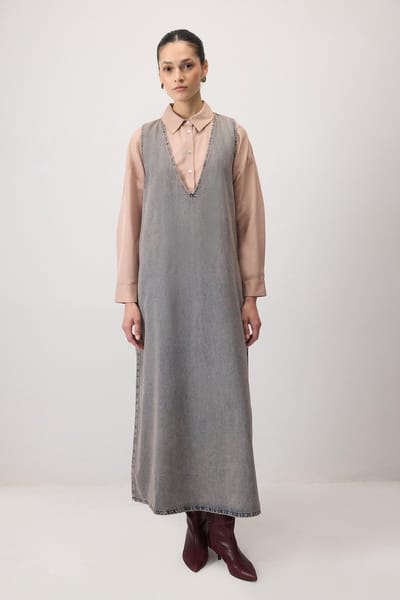 Touché Privé - V-hals denim overgooier - Bruin - Dames
