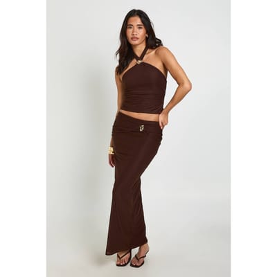 boohoo Dames Doorzichtige Maxi Rok Met Gerimpeld Detail En Riemaccent | Chocolate | Maat: 4