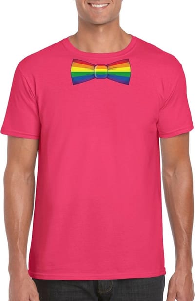 Roze t-shirt met regenboog strikje heren - LGBT/ Gay pride shirts S