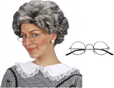 Widmann Oma Sarah carnaval verkleed set - pruik grijs krullen - en oma bril - 50 jaar pop spullen - verkleden