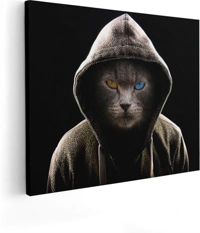 Artaza Canvas Schilderij Kat Met Hoodie - 50x40 cm - Wanddecoratie Dieren - Muurdecoratie Mancave - Schilderijen Op Canvas