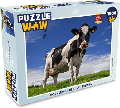 Puzzel Koe - Gras - Blauw - Dieren - Legpuzzel - Puzzel 1000 stukjes volwassenen