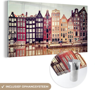 MuchoWow® Glasschilderij 40x20 cm - Schilderij acrylglas - Amsterdam - Huis - Reflectie - Foto op glas - Schilderijen