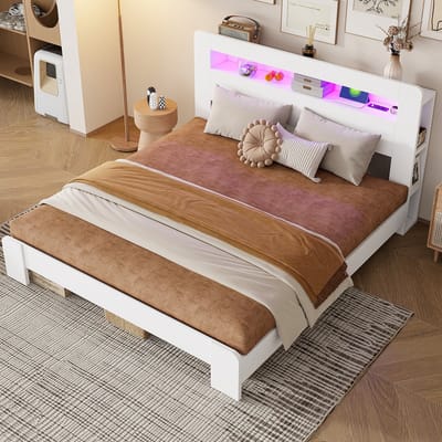 Sweiko Houten bed - 180 x 200 cm - Opbergruimte - LED-verlichting - Inclusief oplaadpunt - Wit