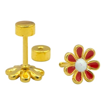 Oorbellen meisje - Hypoallergeen - Verguld staal - Goudkleurig met rode bloem - 8 mm
